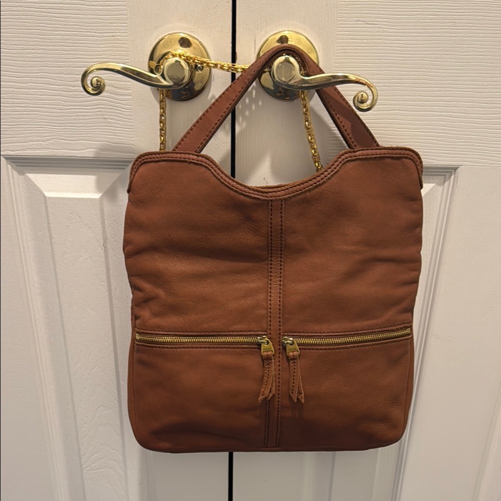 Fossil Brown and Gold Shoulder Bag with Pebbled Leather fold‎ down style